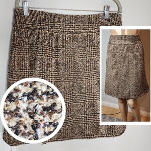 Etcetera Wool Blend Brown Tweed Gold Metallic Plaid Skirt Size 12 Pockets